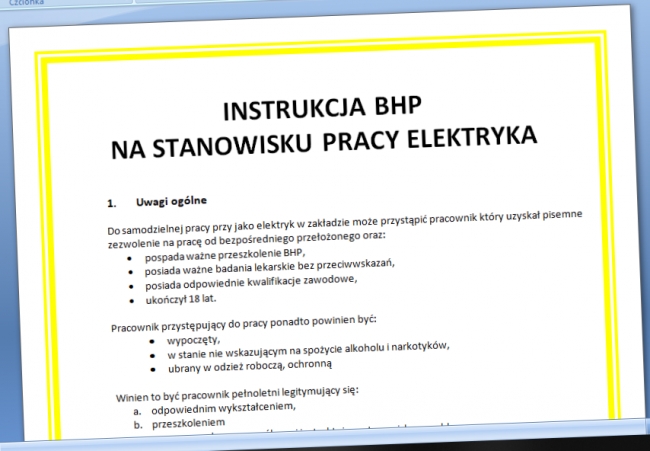 Instrukcja BHP na stanowisku pracy elektryka wzór druk